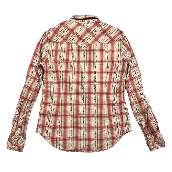 True Religion Plaid Western Snap Button Shirt Womens M Blue Brown Long Sleeve - Picture 9 of 12